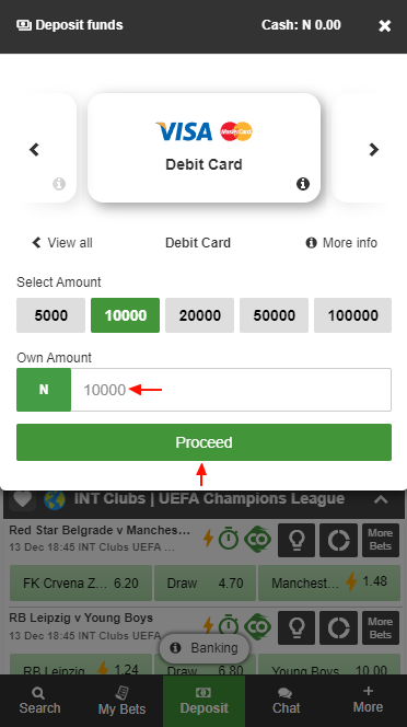 Selecting a Betway payment method