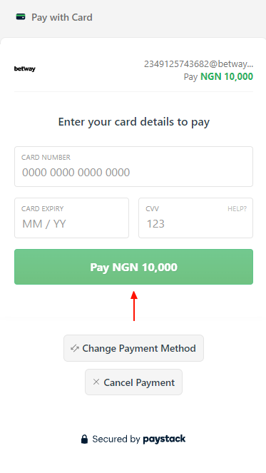 Betway form for filling in debit card details 