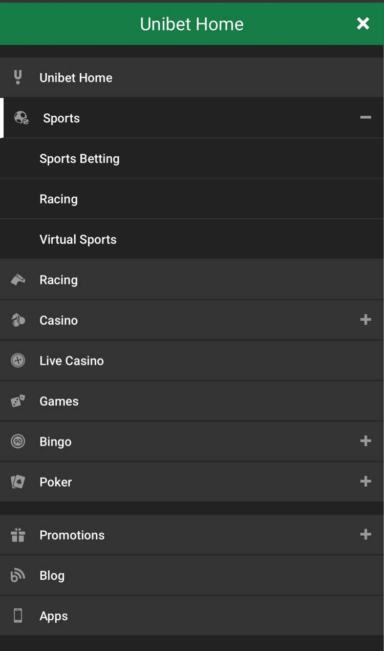 Unibet mobile version menu