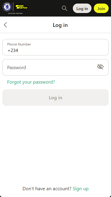 PariMatch account login form