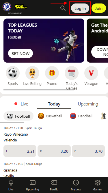 Log in" button on PariMatch