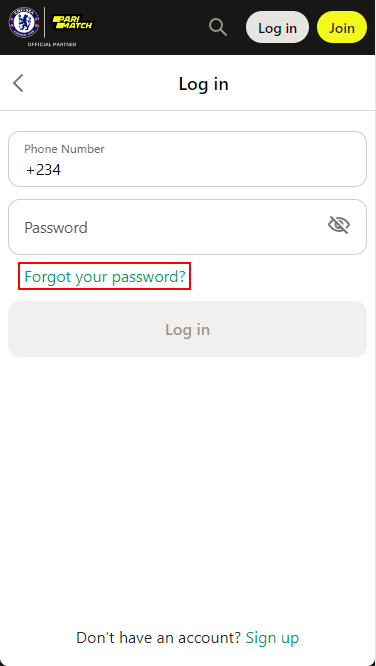 Password recovery button on PariMatch