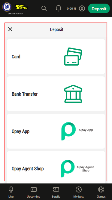 PariMatch payment methods