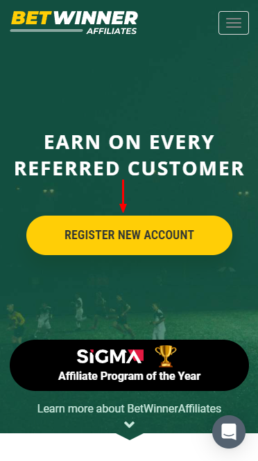 Register New Account button in Betwinner affiliate program