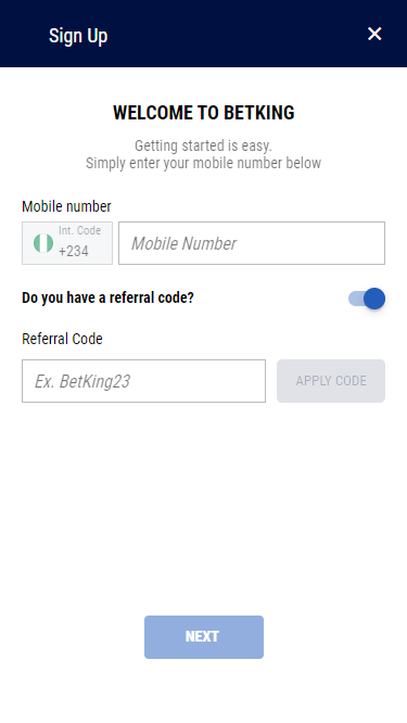 BetKing registration form