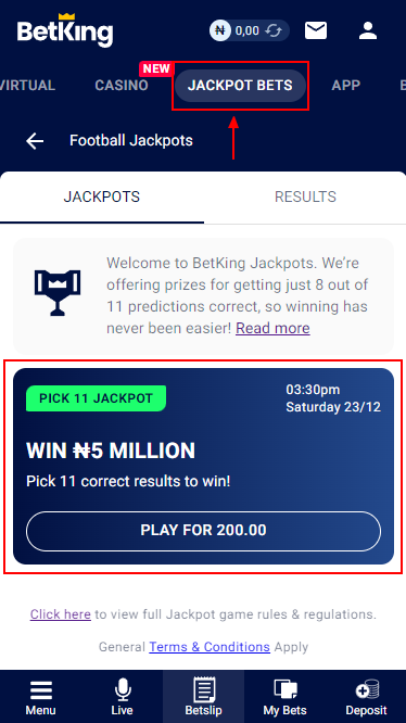 Jackpot Bets section of BetKing