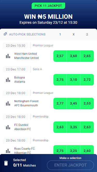 Match table in the "Jackpot Bets" section at BetKing