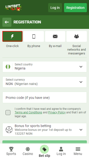 One-click registration Linebet