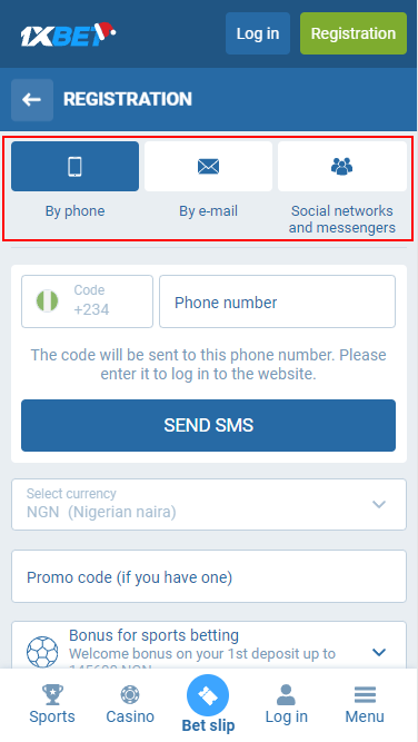 Ways to register on 1xbet