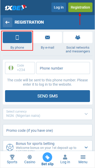 Registration on 1xbet with cell phone