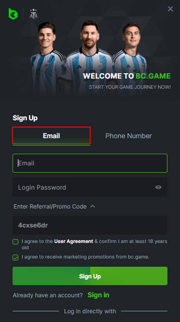 Registration on BC.Game by E-mail