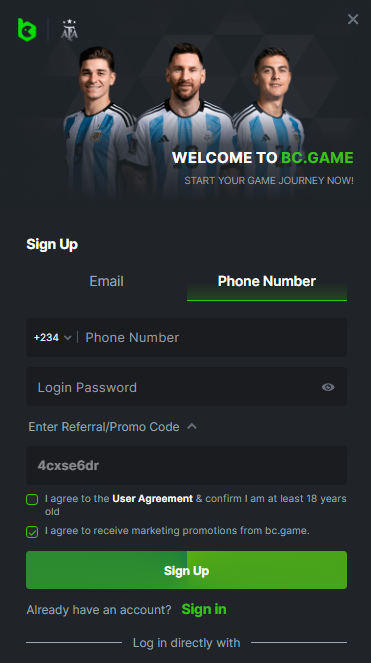 Registering BC.Game via cell phone number