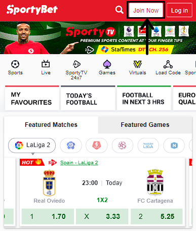 Register button on SportyBet