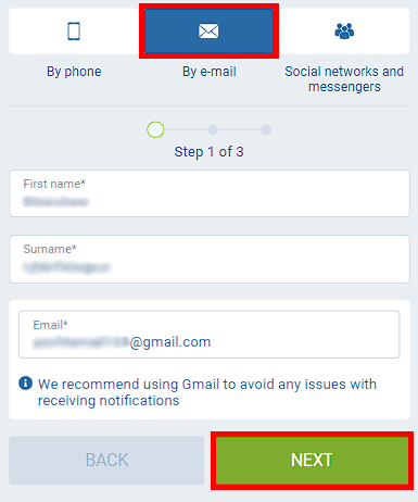 Form for registration in 1XBET by e-mail