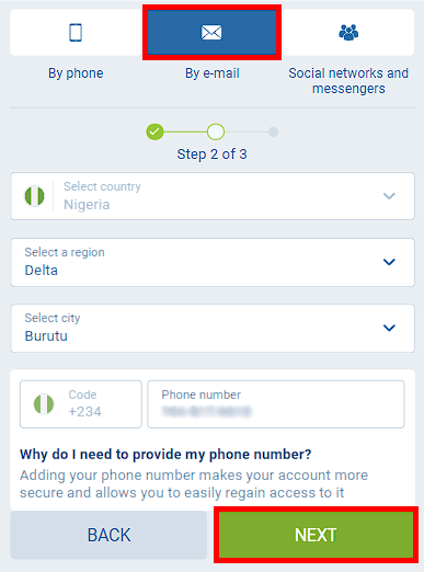 Form for registration in 1XBET by e-mail