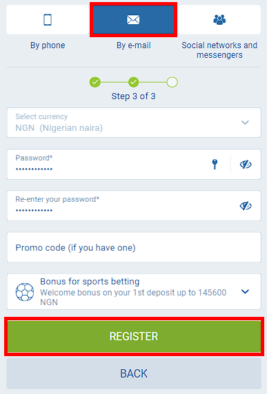 Form for registration in 1XBET by e-mail