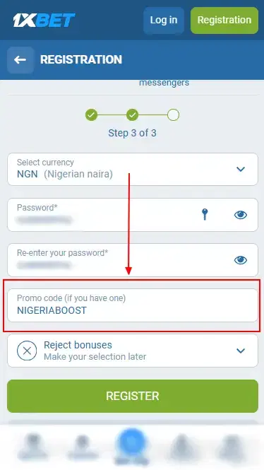 1xBet - Promo Code Form