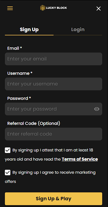 Registration form on Lucky Block