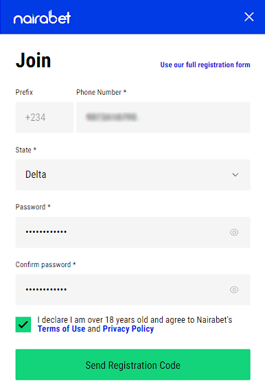 Registration form on Nairabet 