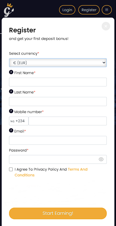 Registration form on GoldenLion