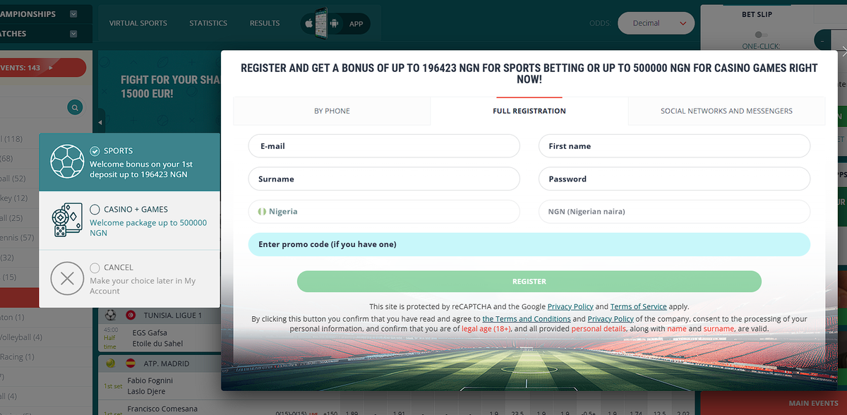 22Bet Nigeria mobile registration