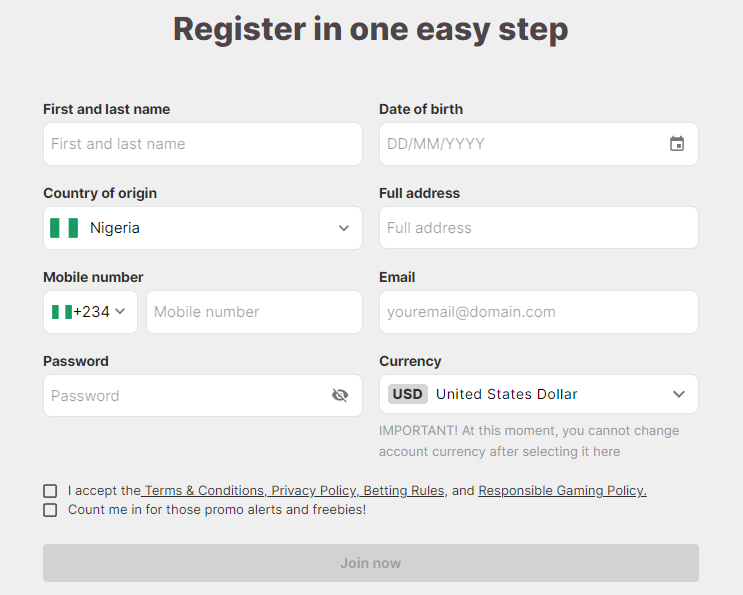 Registration form