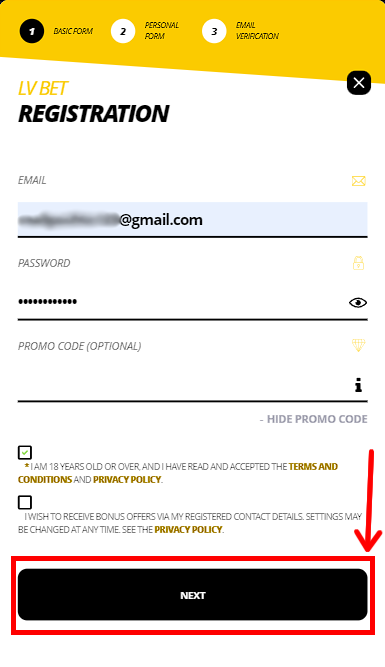 Registration form on LV BET