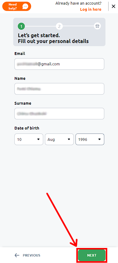 Registration form on Betano