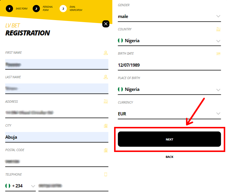 Registration form on LV BET