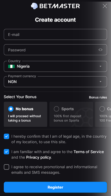 Registration form on Betmaster