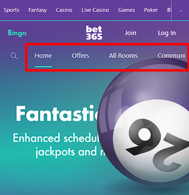 Blocks on Bet365 website in Bingo section