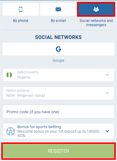 Form for registration in 1XBET by social networking sites