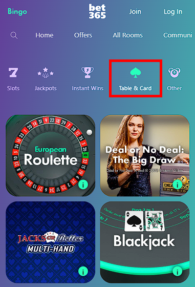 Table & Card category on Bingo Bet365