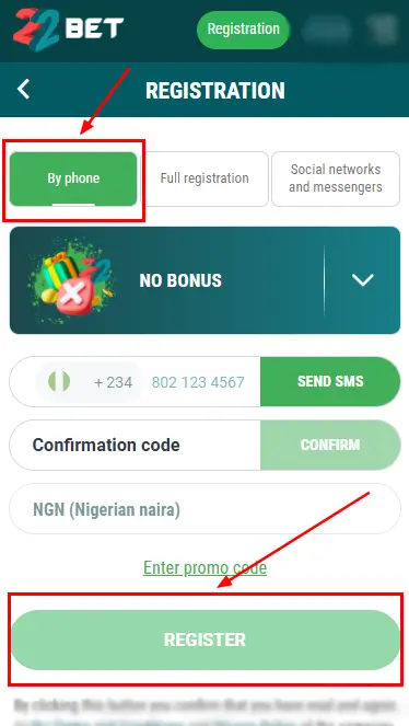 22Bet Nigeria Registration Form