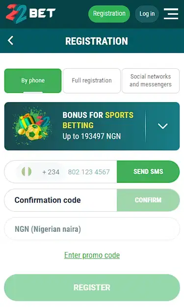 22Bet Registration Form