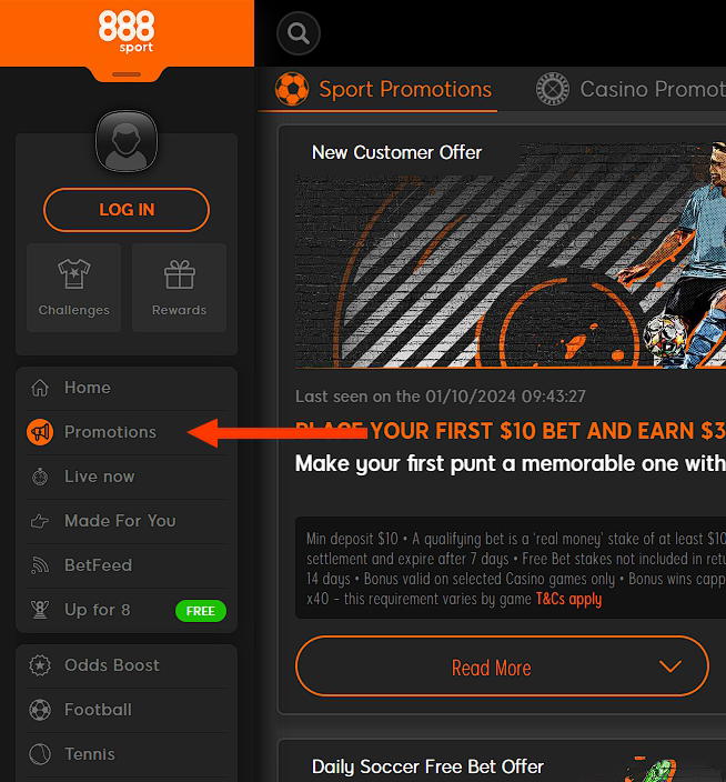 Promotions section 888sport website