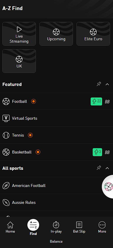 LiveScore Bet mobile version menu