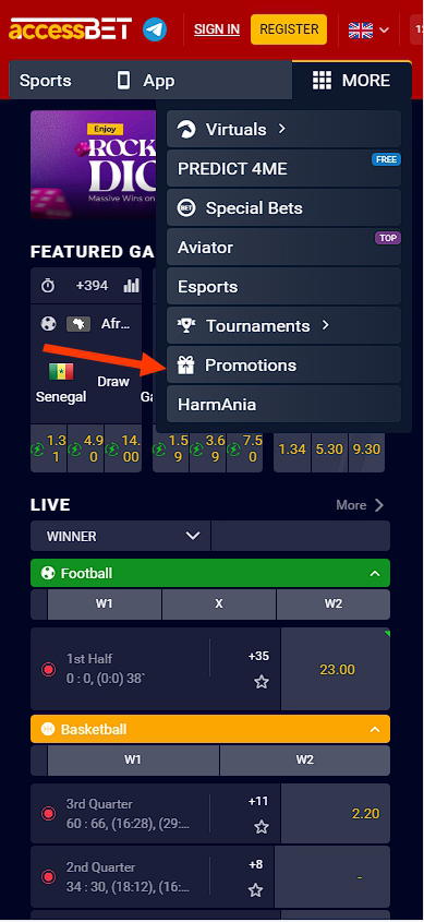 Promotions section Accessbet