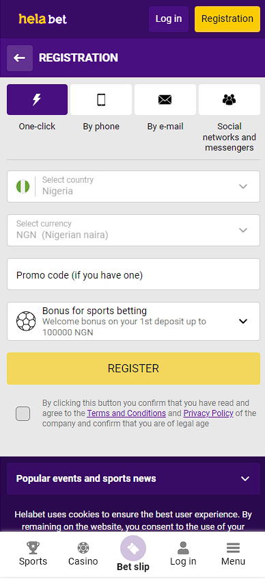 Registration on Helabet