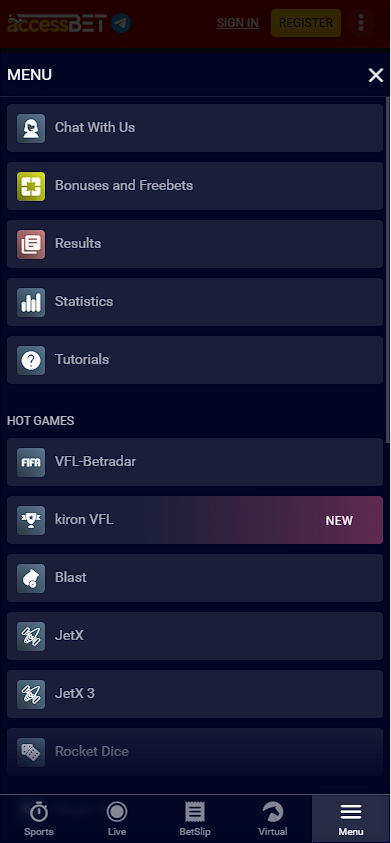 Accessbet mobile version menu