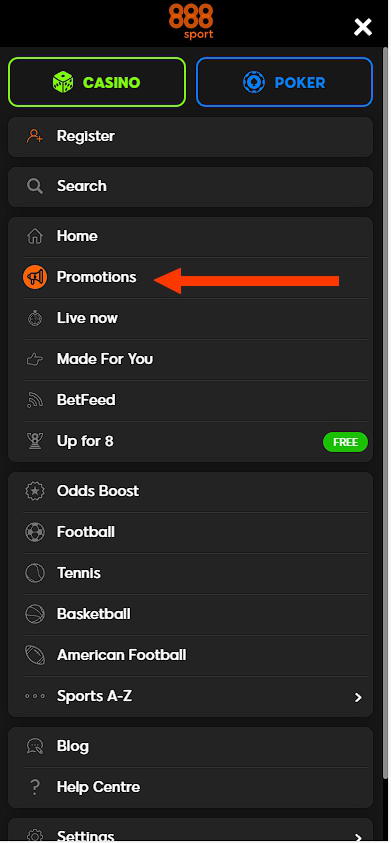 Promotions section 888sport mobile version