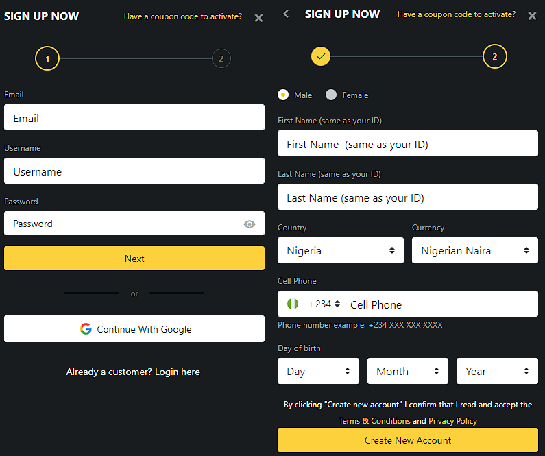 BetObet registration form