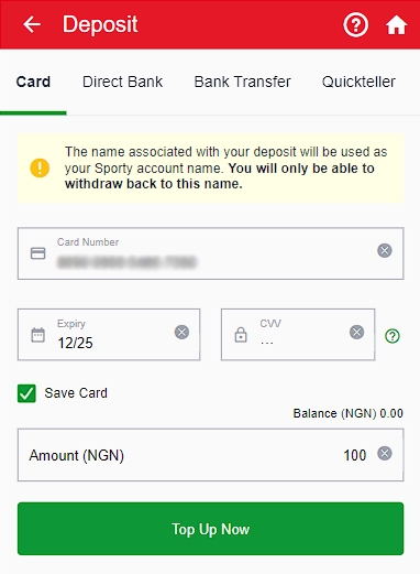 Deposit via card in Sportybet