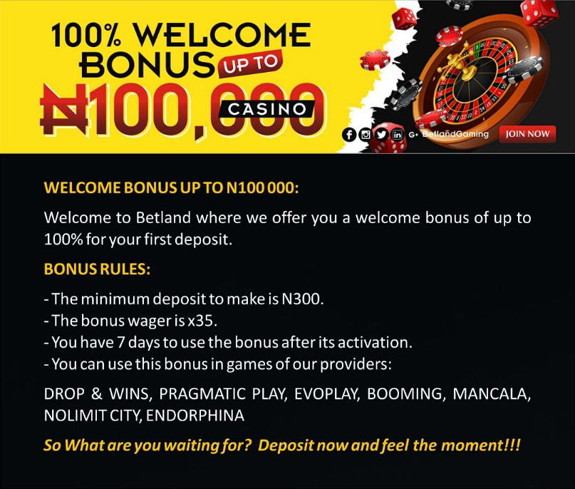 Welcome bonus for casino on Betland