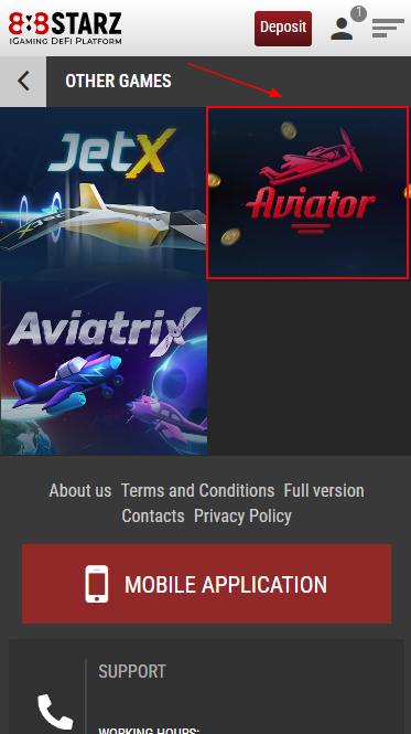 Aviator game location on the page with games