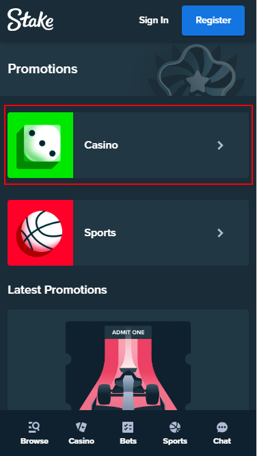 Section with casino bonuses on Stake