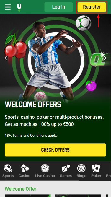 Registration button in the Unibet app