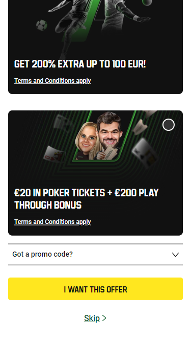 The second step of registration at Unibet