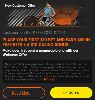 Place your first $10 bet and earn $30 in free bets + a $10 casino bonus 