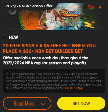 20 free spins + a $5 free bet when you place a $20+ NBA bet builder bet